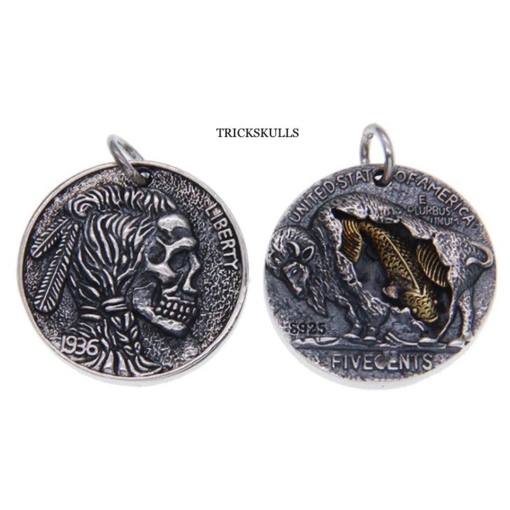 Buffalo Koi Skull Head Coin Charm Pendant Necklace Modern Vintage Streetwear NEW - Picture 11 of 11